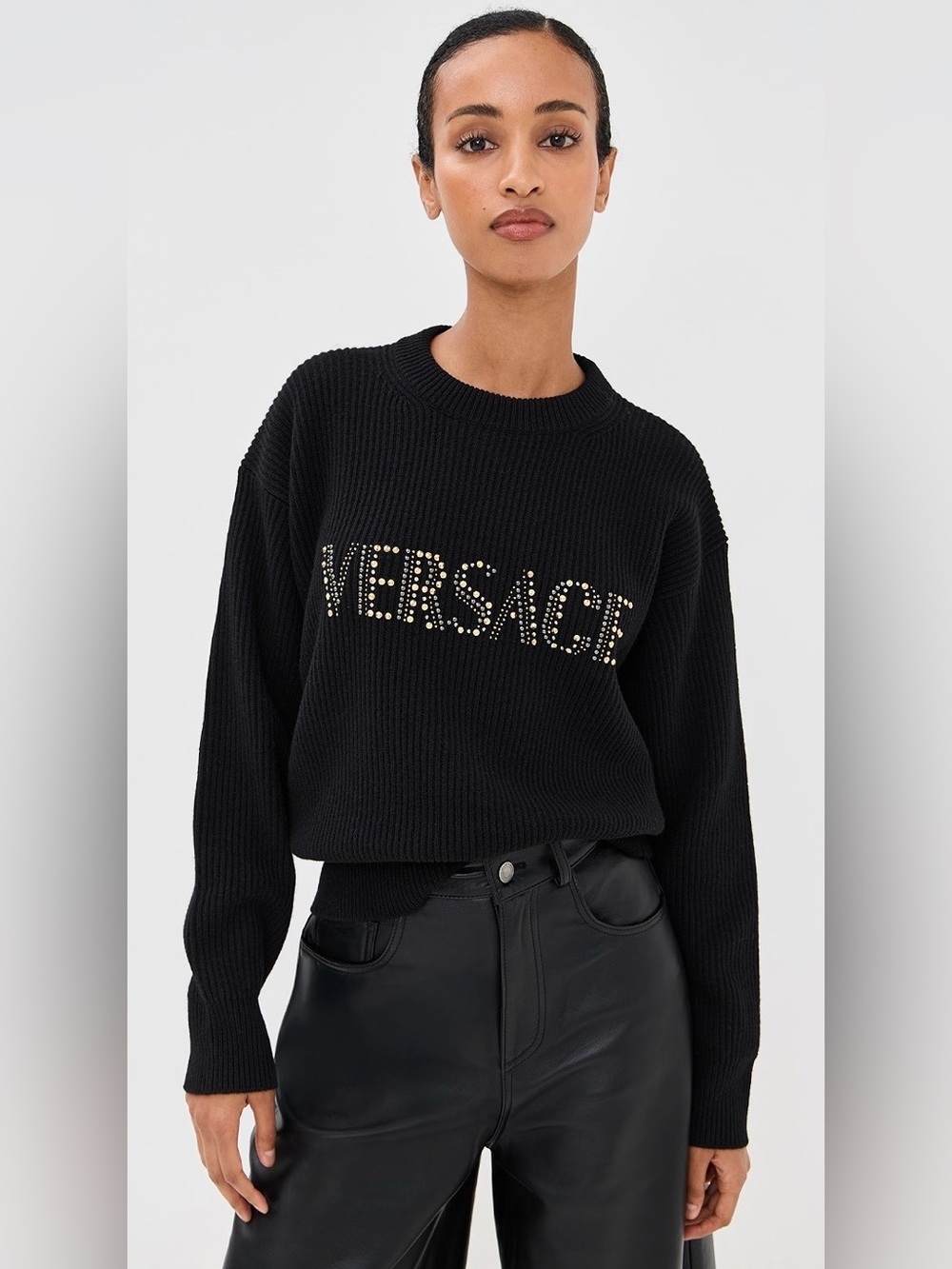 VERSACE Studs Logo Embroidery Black Wool Knit Sweater
